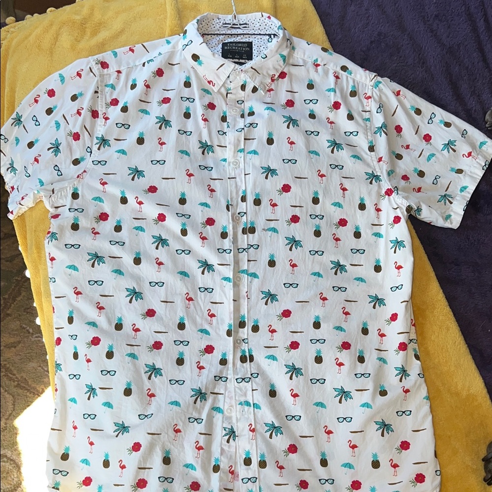 Men’s White Button Up Shirt with Flamingo and Palm Print